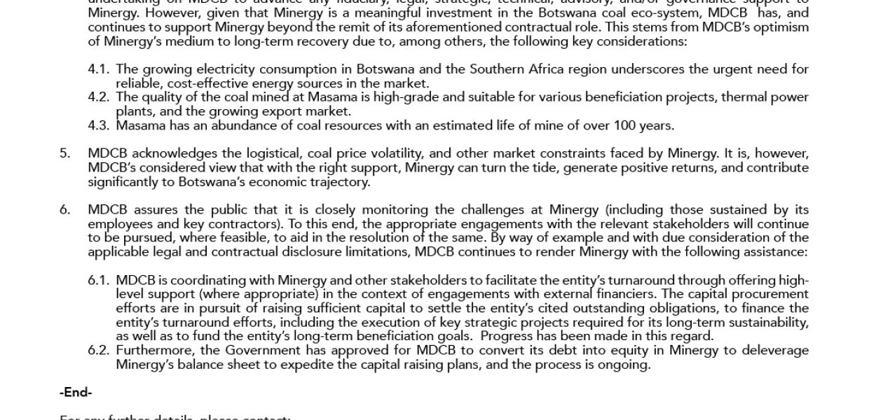 STATEMENT AND CLARIFICATION ON MDCB (PTY) LTD’S RELATIONSHIP WITH MINERGY COAL (PTY) LTD (“MINERGY”)